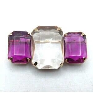 Gorgeous Vintage Avon Chunky Statement Gold Bar Brooch Clear & Purple Rhinestone